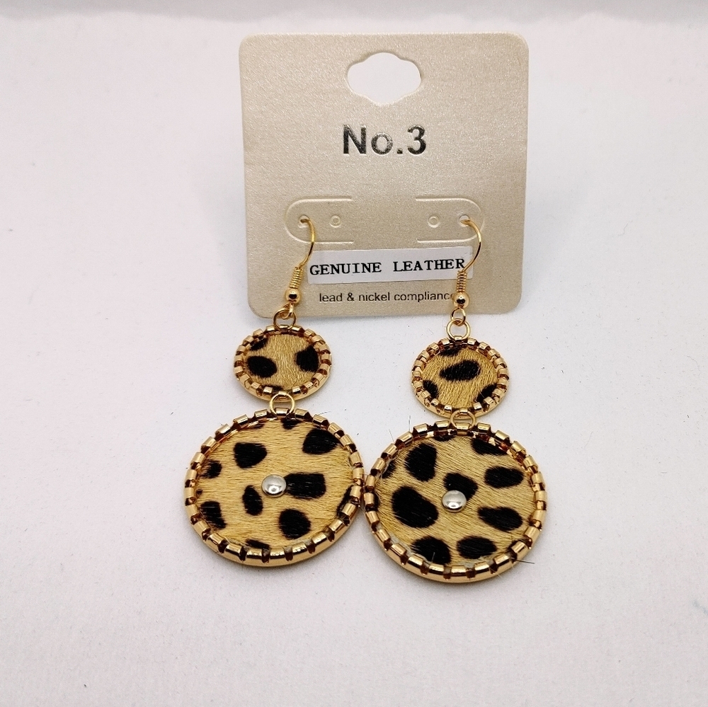 Leopard Leather Drop Earrings | Boho Statement Dangle - Picture 3 of 4